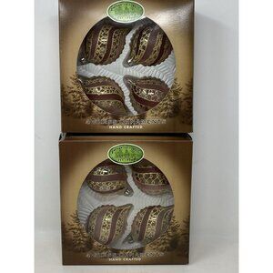 Set 8 Vintage Enchanted Forest Pink Gold Mauve Glass Teardrop Ornaments 3” W Box